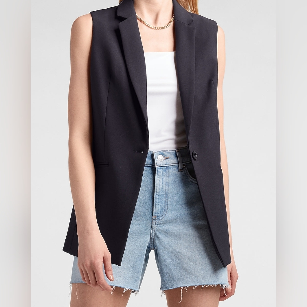 Express SUPERSOFT TWILL SLEEVELESS BLAZER IN NAVY BLUE